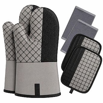 6 pc Kitchen Oven Mitts Pot Holders Set 550°F Heat Resistant Non-Slip Cotton Lining Hanging Loops