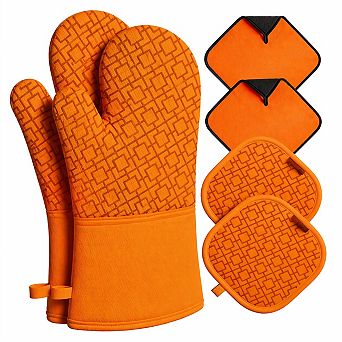 6 pc Kitchen Oven Mitts Pot Holders Set 550°F Heat Resistant Non-Slip Cotton Lining Hanging Loops
