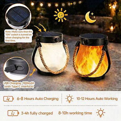 2 Pack Solar Lanterns Outdoor Waterproof Flickering Hanging Decor Dual Charging 2 Modes Porch Yard