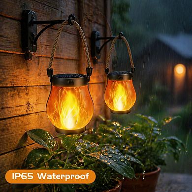 2 Pack Solar Lanterns Outdoor Waterproof Flickering Hanging Decor Dual Charging 2 Modes Porch Yard