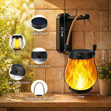 2 Pack Solar Lanterns Outdoor Waterproof Flickering Hanging Decor Dual Charging 2 Modes Porch Yard