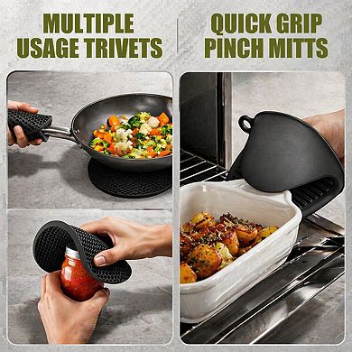 6pcs Oven Mitts Pot Holders Set 500°F Heat Resistant Silicone Non-slip Kitchen Baking Cooking