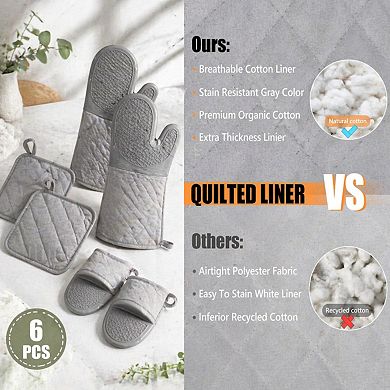 6pcs Oven Mitts Pot Holders Set 500°F Heat Resistant Silicone Non-slip Kitchen Baking Cooking