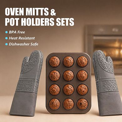 6pcs Oven Mitts Pot Holders Set 500°F Heat Resistant Silicone Non-slip Kitchen Baking Cooking