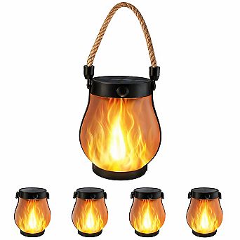 4 Pack Solar Lanterns Outdoor Waterproof Dancing Flame 2 Modes Dual Charging Rope Handle Camp Garden