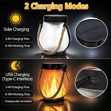4 Pack Solar Lanterns Outdoor Waterproof Dancing Flame 2 Modes Dual Charging Rope Handle Camp Garden