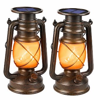 2 Pack Solar Lanterns Outdoor Waterproof Flickering LED Hanging Vintage Bronze Decor Patio Garden