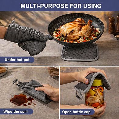 6 Pcs Oven Mitts Pot Holders 500℉ Heat Resistant Silicone Non-slip Cotton Lining Kitchen Towels