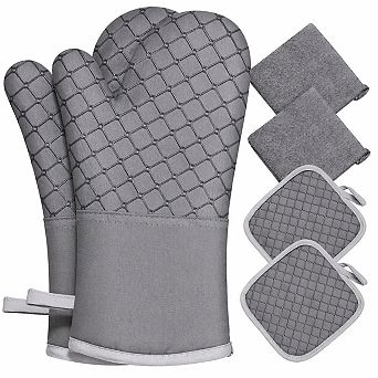 6 pc Oven Mitts Pot Holders 500℉ Heat Resistant Silicone Non-slip Cotton Lining Kitchen Towels