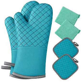 6 pc Oven Mitts Pot Holders 500℉ Heat Resistant Silicone Non-slip Cotton Lining Kitchen Towels