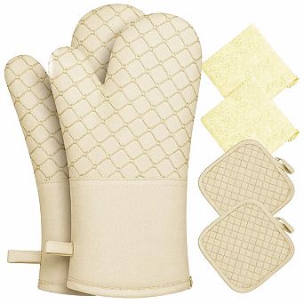 6 pc Oven Mitts Pot Holders 500℉ Heat Resistant Silicone Non-slip Cotton Lining Kitchen Towels