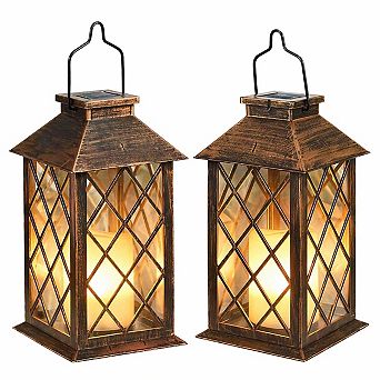 2 Pack 14" Solar Lantern Outdoor Waterproof LED Flickering Candle Garden Hanging Table Christmas