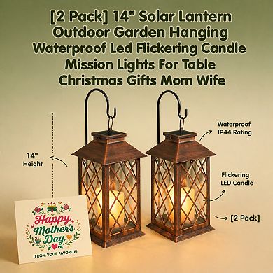 2 Pack 14" Solar Lantern Outdoor Waterproof LED Flickering Candle Garden Hanging Table Christmas