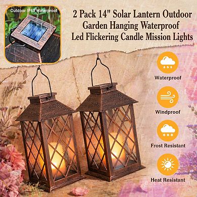 2 Pack 14" Solar Lantern Outdoor Waterproof LED Flickering Candle Garden Hanging Table Christmas