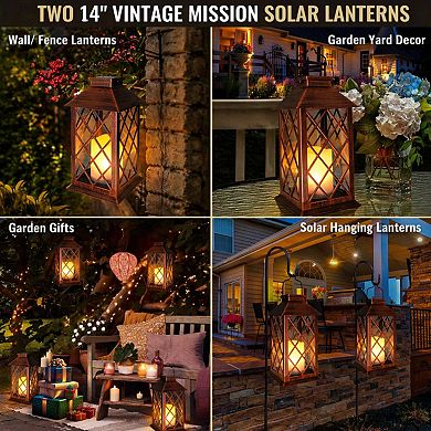 2 Pack 14" Solar Lantern Outdoor Waterproof LED Flickering Candle Garden Hanging Table Christmas