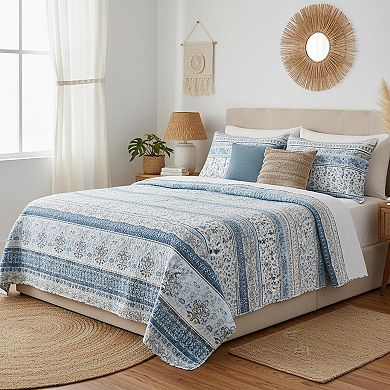 Boho Reversible Floral Stripe Quilt Set Soft Lightweight All Season Bedspread with Pillow Shams