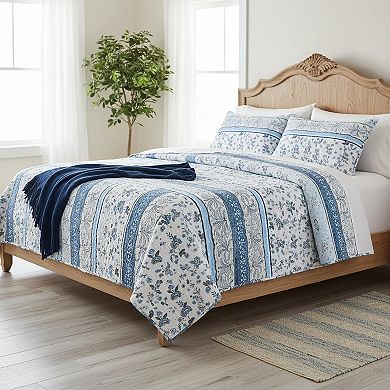 Boho Reversible Floral Stripe Quilt Set Soft Lightweight All Season Bedspread with Pillow Shams