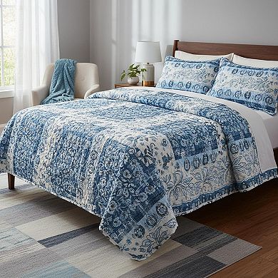 Boho Reversible Floral Stripe Quilt Set Soft Lightweight All Season Bedspread with Pillow Shams