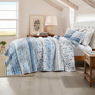 Boho Reversible Floral Stripe Quilt Set Soft Lightweight All Season Bedspread with Pillow Shams