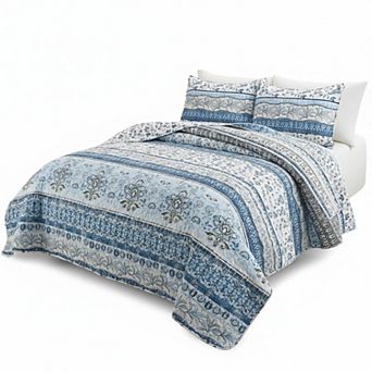 Boho Reversible Floral Stripe Quilt Set Soft Lightweight All Season Bedspread with Pillow Shams