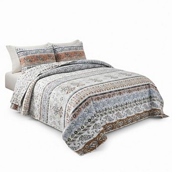 Boho Reversible Floral Stripe Quilt Set Soft Lightweight All Season Bedspread with Pillow Shams