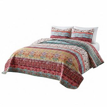 Boho Reversible Floral Stripe Quilt Set Soft Lightweight All Season Bedspread with Pillow Shams