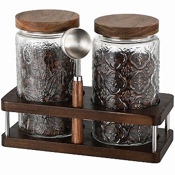 Glass Coffee Grounds Containers 2x34oz Airtight Lid Measuring Spoon Wooden Shelf Food Storage Jars