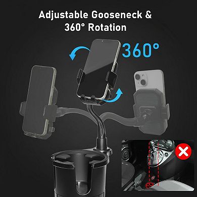Car Cup Holder Expander 2 In 1 Phone Mount Adjustable 360° Rotation Gooseneck Fits Drinking Bottle