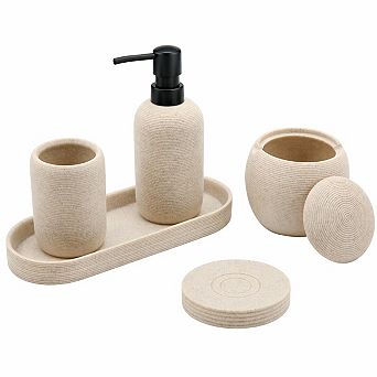 5 pc Bathroom Accessory Set Modern Resin Lotion Dispenser Toothbrush Holder Soap Dish Tray Qtip
