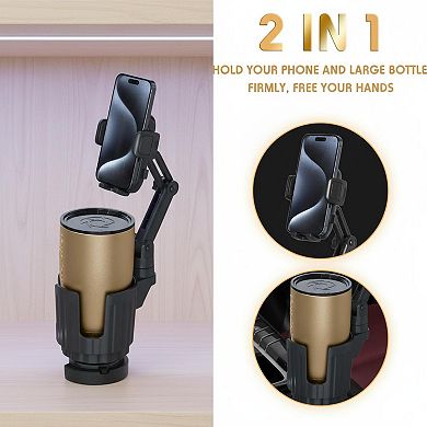 2 In 1 Car Cup Holder Expander with Phone Mount Adjustable Long Arm 360°Rotation