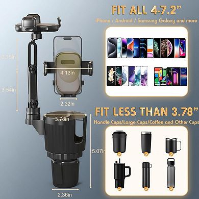 2 In 1 Car Cup Holder Expander with Phone Mount Adjustable Long Arm 360°Rotation