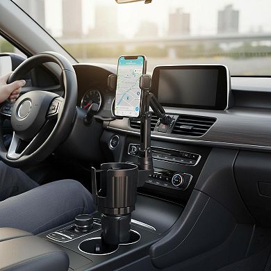 2 In 1 Car Cup Holder Expander with Phone Mount Adjustable Long Arm 360°Rotation