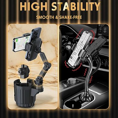 2 In 1 Car Cup Holder Expander with Phone Mount Adjustable Long Arm 360°Rotation