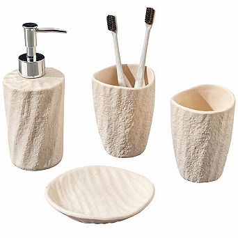 4 pc Sea Theme Bathroom Accessory Set Soap Dispenser Toothbrush Holder Tumbler Dish Resin