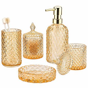 5 pc Glass Bathroom Accessory Set Vintage Counter Sink Soap Dispenser Tumbler Qtip Holders