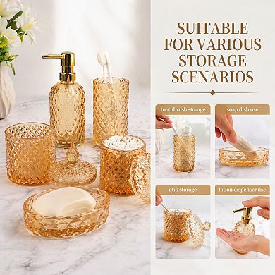 5pcs Glass Bathroom Accessory Set Vintage Counter Sink Soap Dispenser Tumbler Qtip Holders