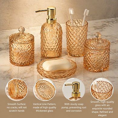 5pcs Glass Bathroom Accessory Set Vintage Counter Sink Soap Dispenser Tumbler Qtip Holders