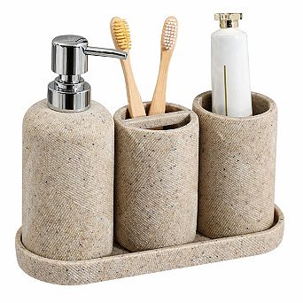 Resin Bathroom Accessory Set 4 pc Soap Dispenser Toothbrush Holder Tray Modern Decor