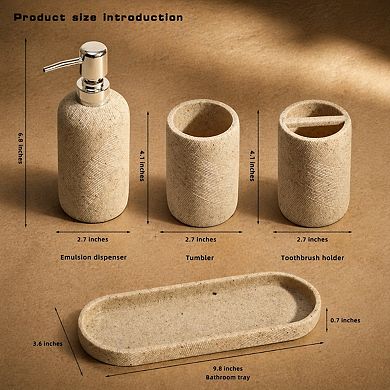 Resin Bathroom Accessory Set 4-Piece Soap Dispenser Toothbrush Holder Tray Modern Decor