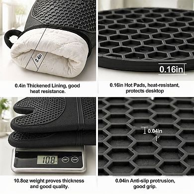 3pcs Silicone Heat Resistant 500°F Non-Slip Kitchen Gloves & Hot Pads