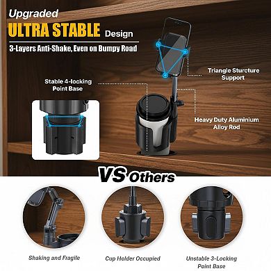 2-in-1 Car Cup Holder Phone Mount Anti-Shake Adjustable Aluminium Alloy Universal Fit