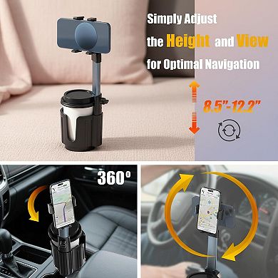 2-in-1 Car Cup Holder Phone Mount Anti-Shake Adjustable Aluminium Alloy Universal Fit