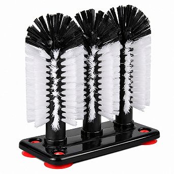 3 Head Glass Water Bottle Cleaning Brush w/ Suction Base Detachable Heavy Duty for Bar Kitchen