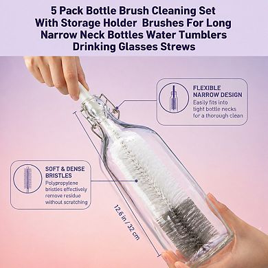 5 Pack Bottle Brush Cleaning Set with Storage Holder for Bottles Tumblers Straws Pipes Lids
