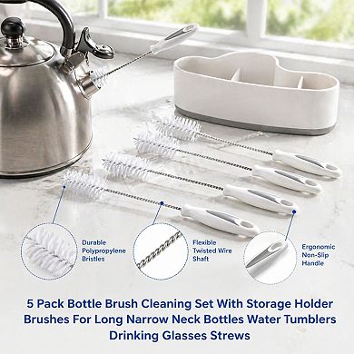 5 Pack Bottle Brush Cleaning Set with Storage Holder for Bottles Tumblers Straws Pipes Lids