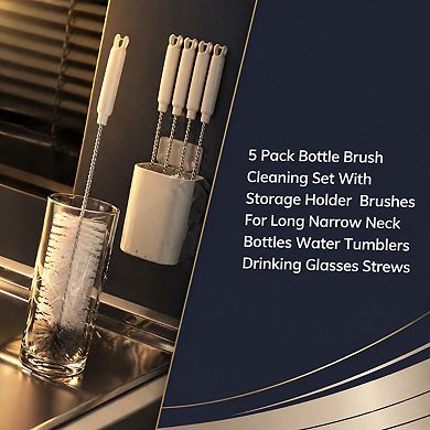 5 Pack Bottle Brush Cleaning Set with Storage Holder for Bottles Tumblers Straws Pipes Lids