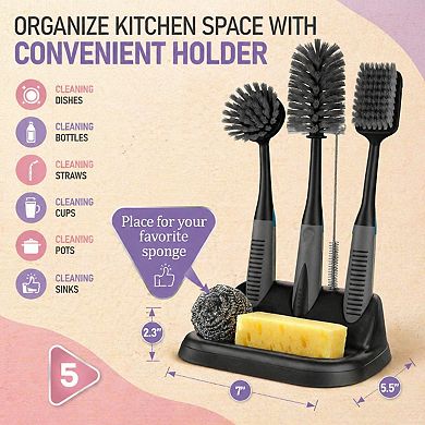 5-Piece Kitchen Dish Brush Set with Holder, Non-Slip Handle for Dishes, Bottles, Pots, Sinks
