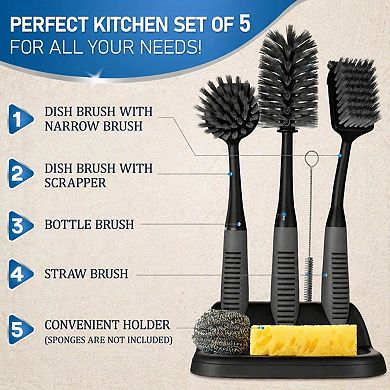 5-Piece Kitchen Dish Brush Set with Holder, Non-Slip Handle for Dishes, Bottles, Pots, Sinks
