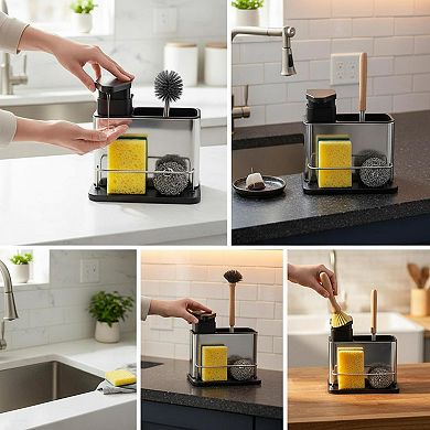 Stainless Steel 3-in-1 Dish Soap Dispenser Sponge Holder Kitchen Organizer Rustproof Drainage