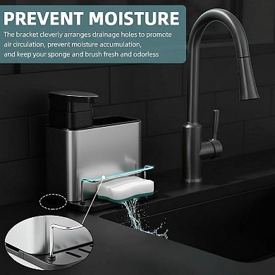 Stainless Steel 3-in-1 Dish Soap Dispenser Sponge Holder Kitchen Organizer Rustproof Drainage